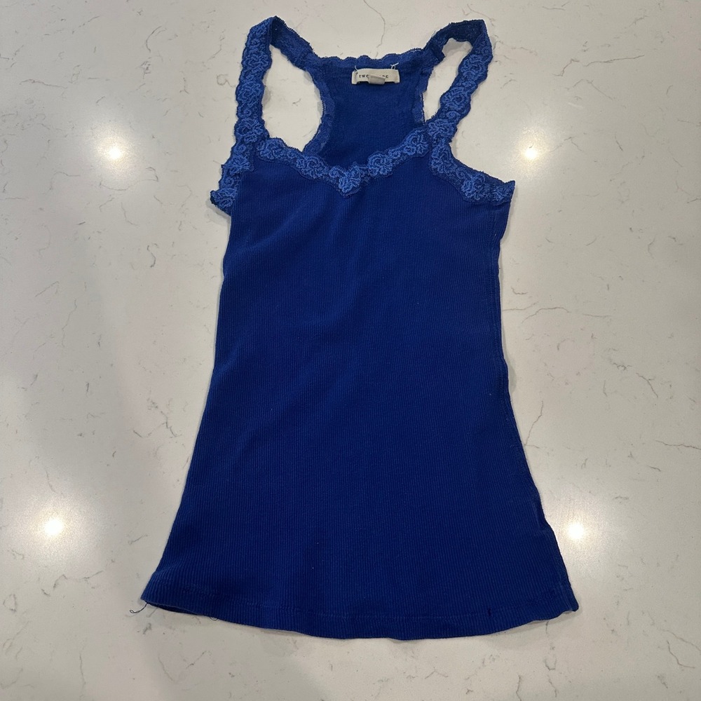 Twentyone Womens Royal Blue Lace Trim Ribbed Racerback Babydoll Tank Top Small
